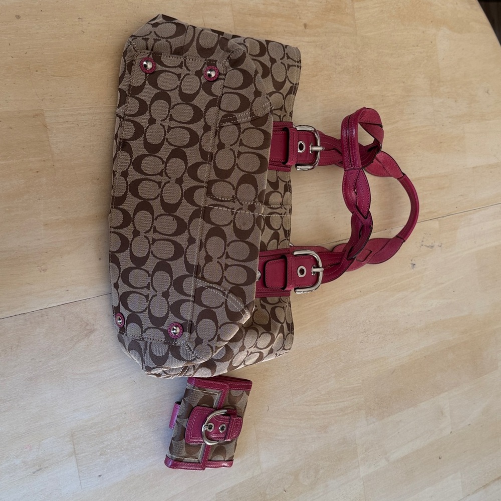 Coach Tan and Pink Signature Handbag with Wallet